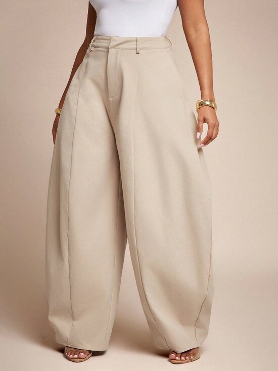 Pants - Apricot Elegant Women's Seam Detail High Waist Barrel Leg Office Pants